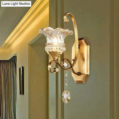 Brass Flower Sconce Wall Lamp with Crystal Accent