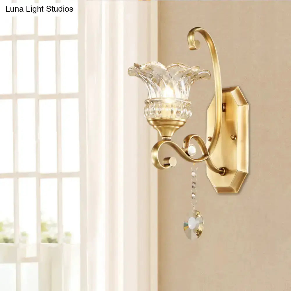 Brass Flower Sconce Wall Lamp with Crystal Accent