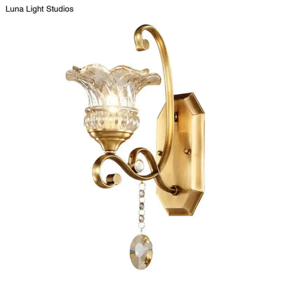 Brass Flower Sconce Wall Lamp with Crystal Accent
