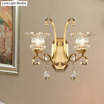 Brass Flower Sconce Wall Lamp with Crystal Accent