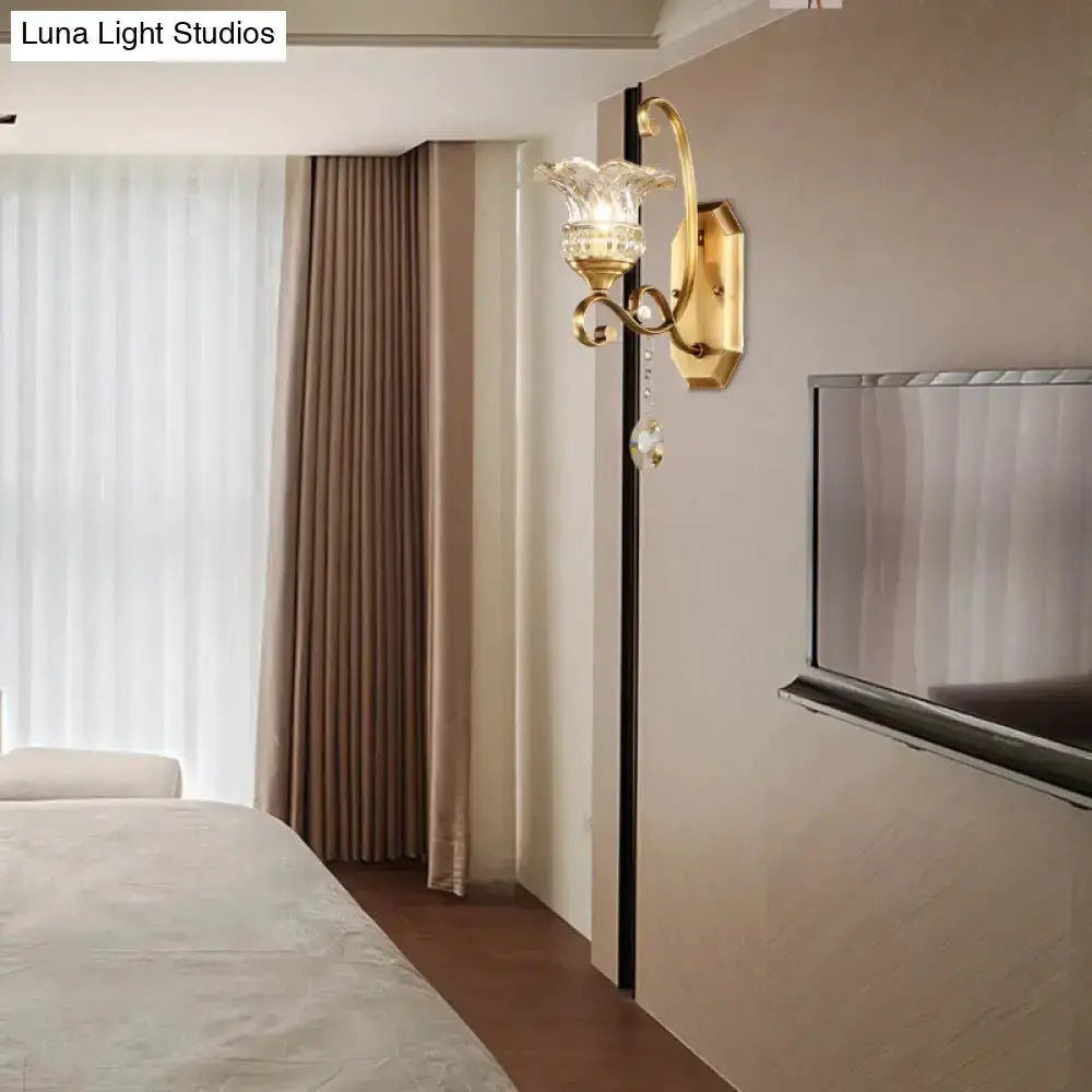 Brass Flower Sconce Wall Lamp with Crystal Accent