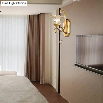 Brass Flower Sconce Wall Lamp with Crystal Accent