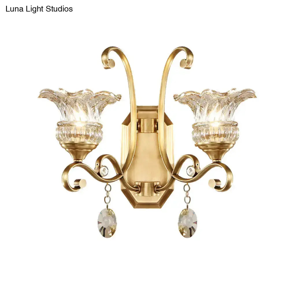 Brass Flower Sconce Wall Lamp with Crystal Accent