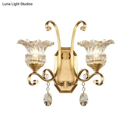Brass Flower Sconce Wall Lamp with Crystal Accent