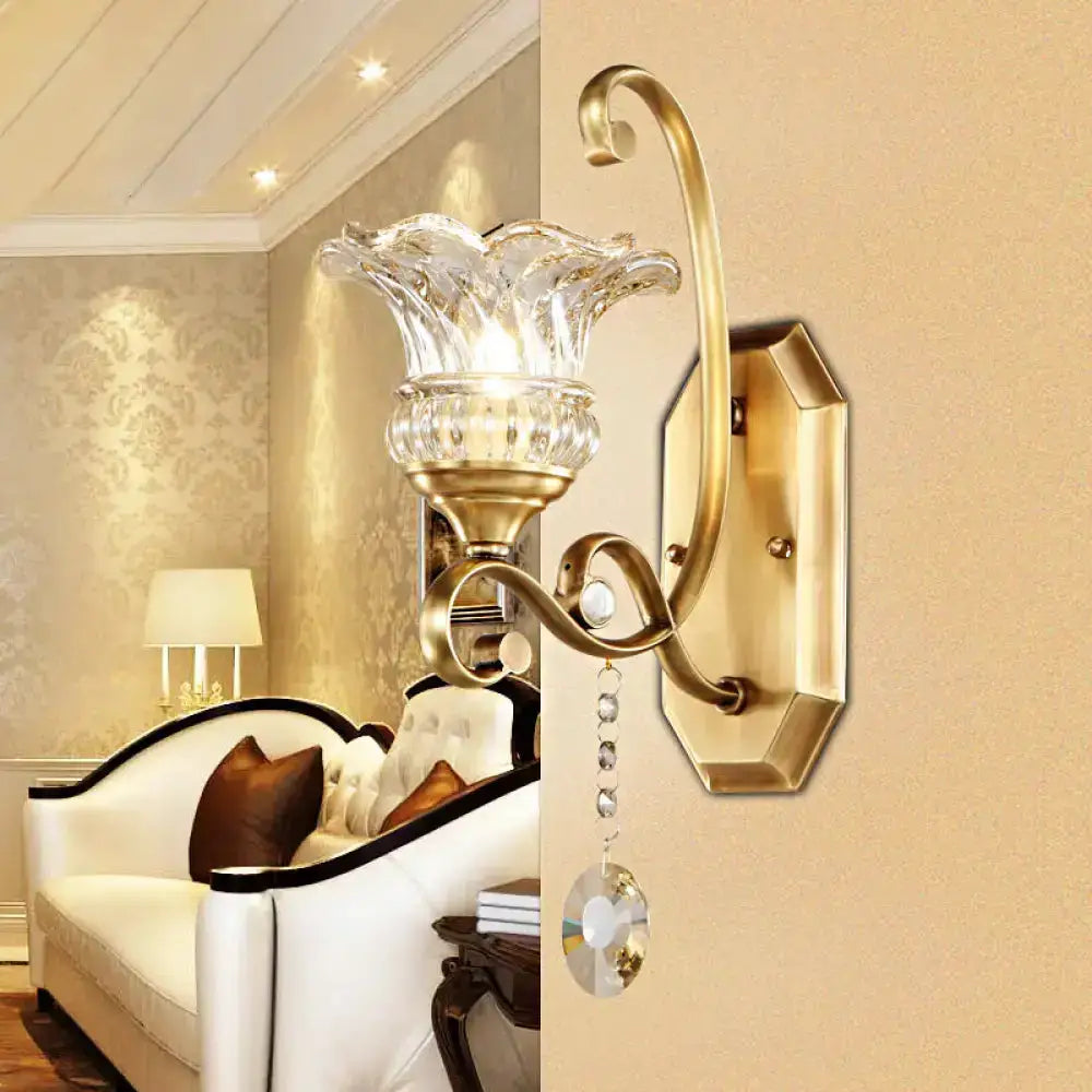 Brass Flower Sconce Wall Lamp with Crystal Accent
