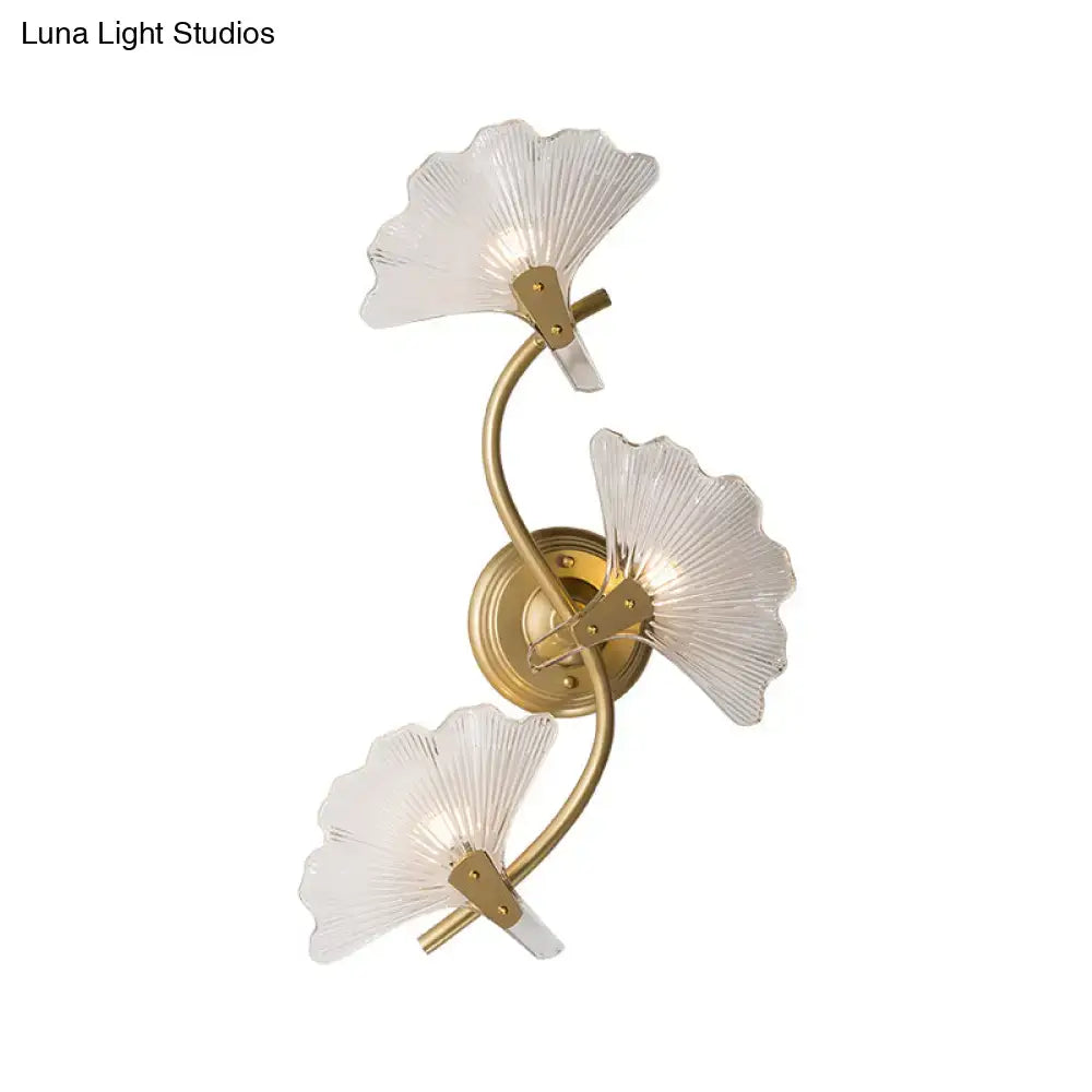 Brass Ginkgo Wall Sconce with three frosted glass leaves on curved stems and round backplate Decorbites on Tampa Home & Garden Store