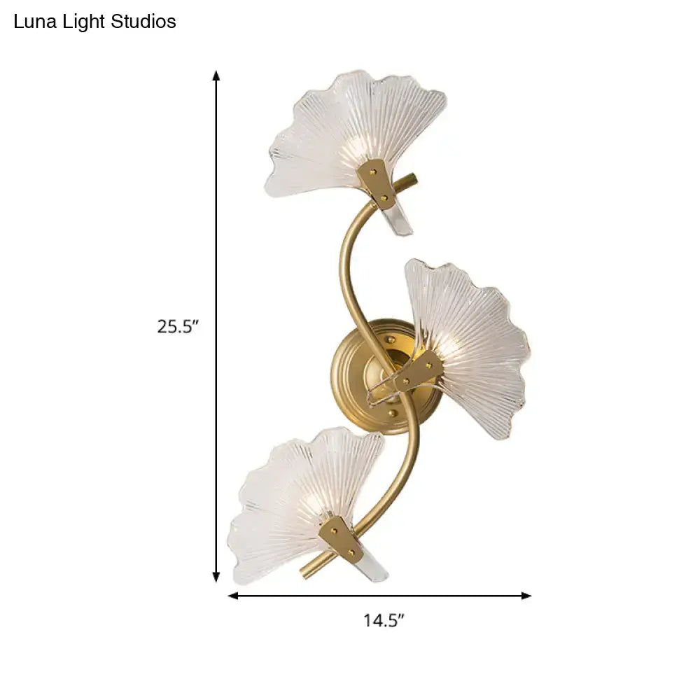 Decorbites brass ginkgo wall sconce with three ribbed glass leaves on Tampa Home & Garden Store