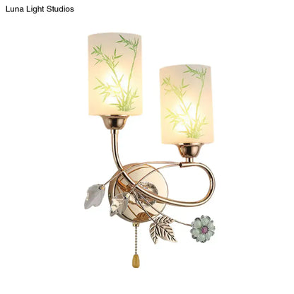 Gold Lotus Glass Sconce with two frosted glass shades, bamboo design, gold finish, Decorbites on Tampa Home & Garden Store