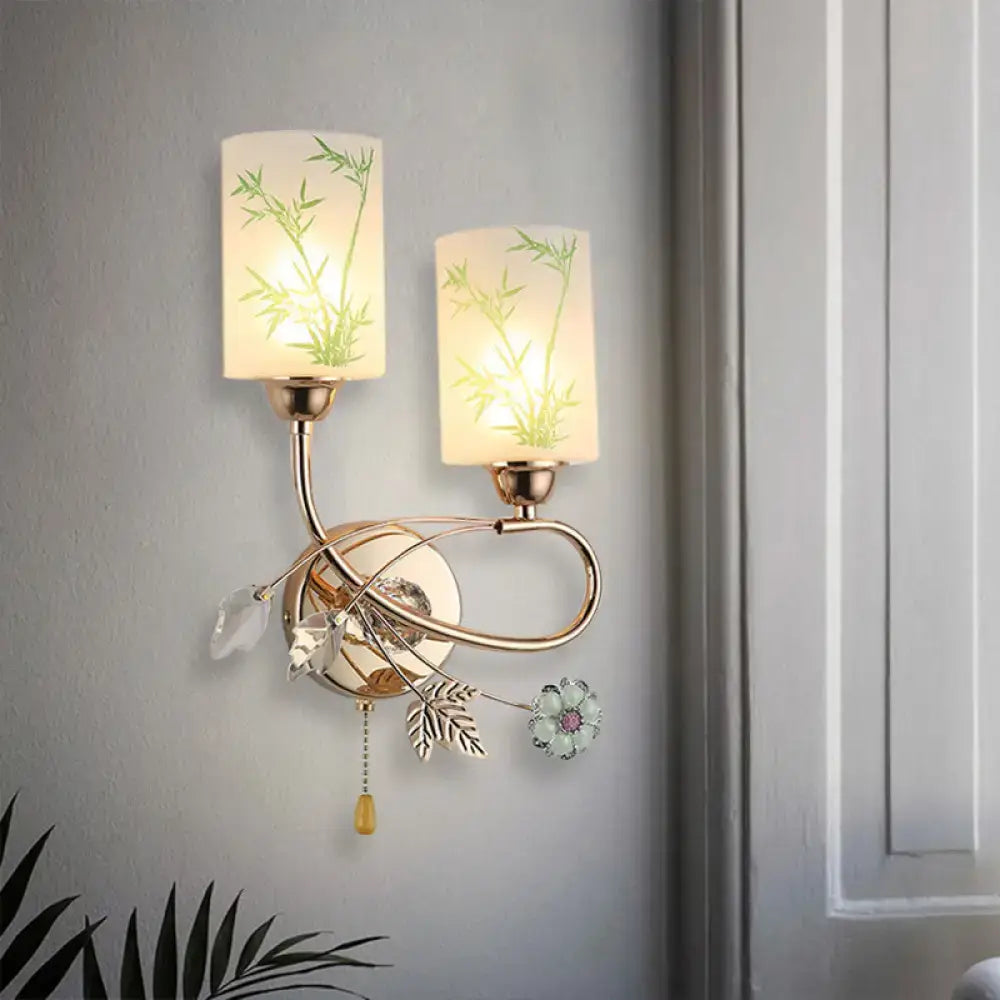 Decorbites Gold Lotus Glass Sconce with dual bamboo-etched frosted shades and brass arms on Tampa Home & Garden Store