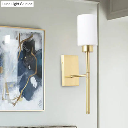 Brass opal glass tube sconce by Decorbites with white shade wall mount on Tampa Home & Garden Store