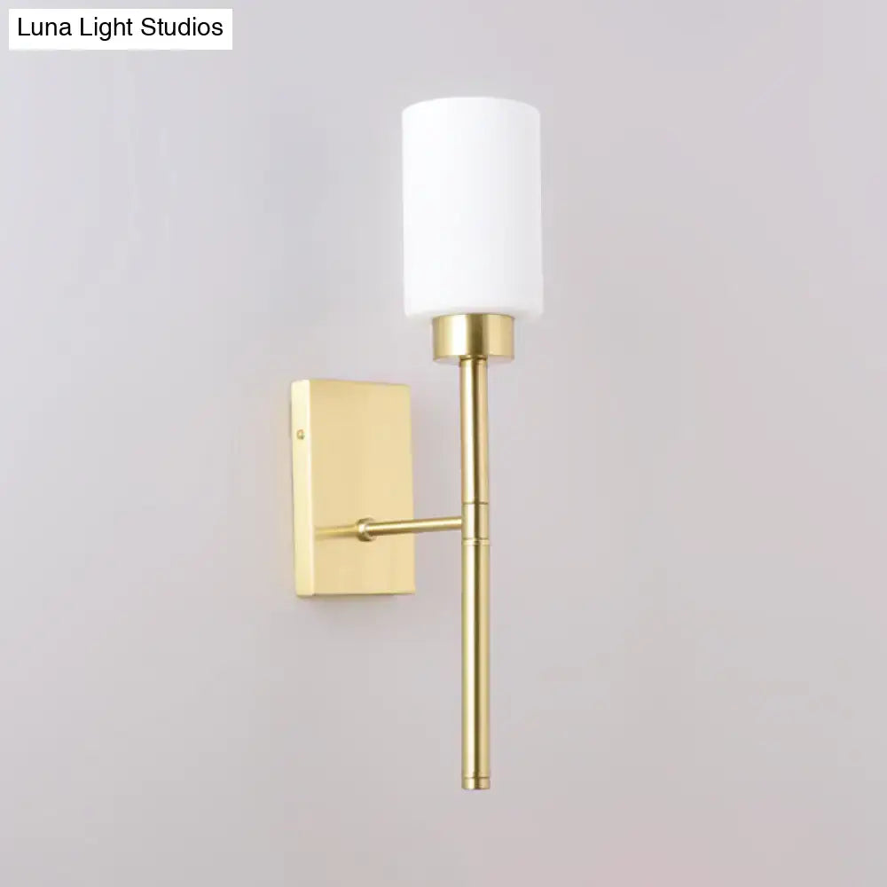 Brass Opal Glass Tube Sconce, wall-mounted with white cylindrical shade, Decorbites on Tampa Home & Garden Store