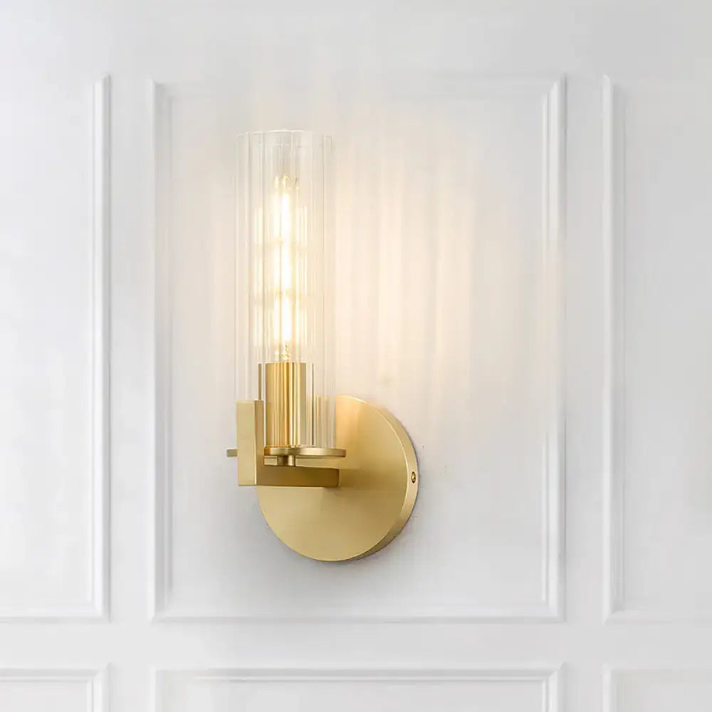 Brass glass shade wall sconce by Decorbites, ribbed glass shade, round backplate on Tampa Home & Garden Store