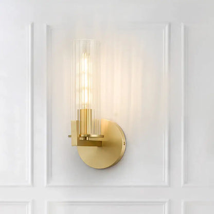 Brass glass shade wall sconce by Decorbites, ribbed glass shade, round backplate on Tampa Home & Garden Store