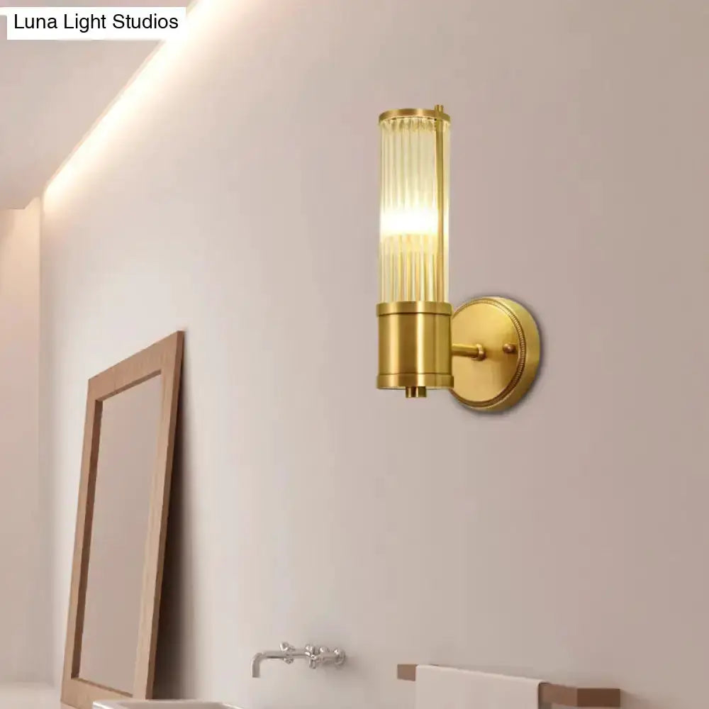 Decorbites modern brass ridged crystal wall light fixture with cylindrical glass shade for hallway on Tampa Home & Garden Store