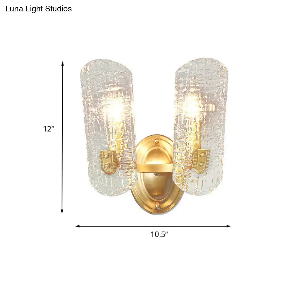 Brass Water Glass Sconce Dual-Light Gold with clear textured glass shades 2-lamp mount on Tampa Home & Garden Store