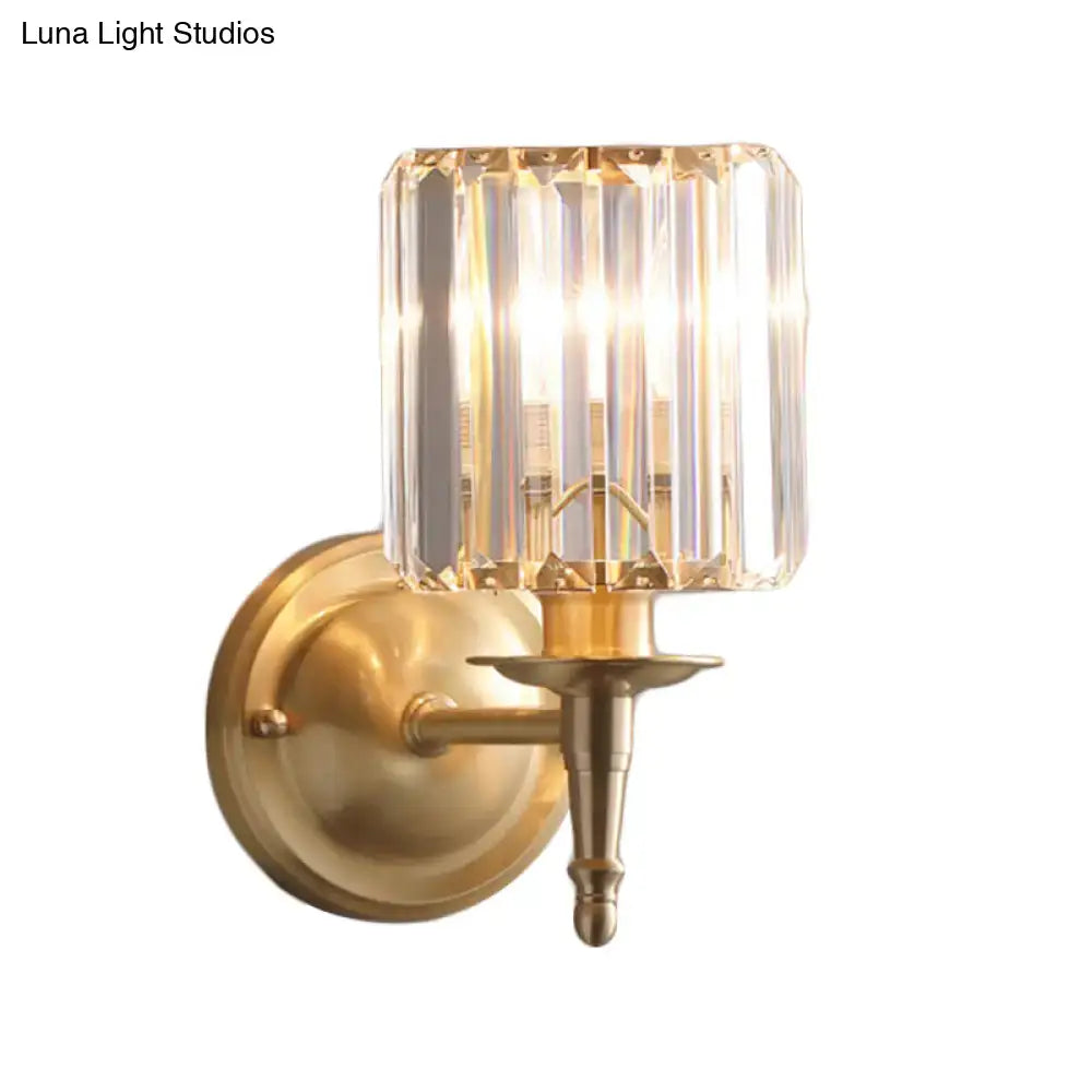 Brass crystal shade wall sconce with clear faceted shade and dual-light glow Decorbites on Tampa Home & Garden Store