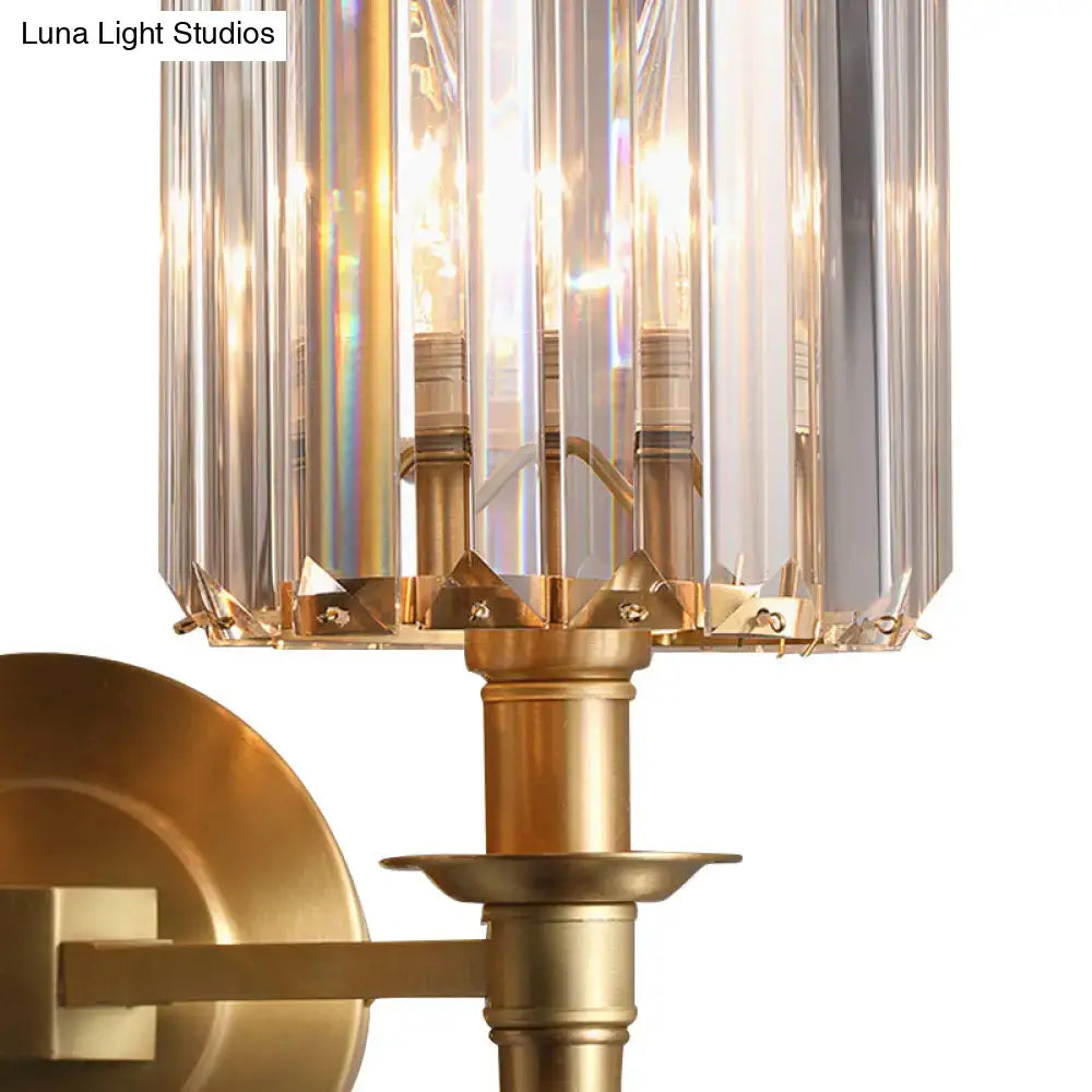 Brass crystal shade dual-light sconce by Decorbites with crystal panels on wall mount on Tampa Home & Garden Store