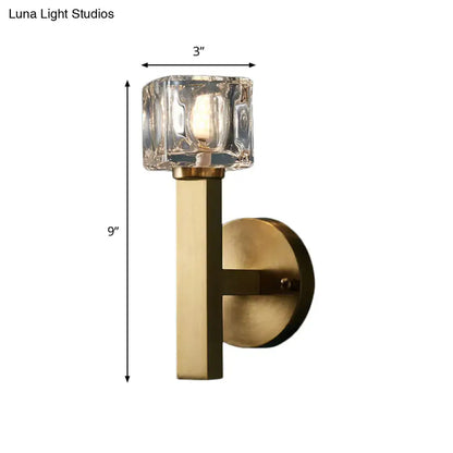 Brass wall sconce with clear crystal block, 9in tall, 3in wide by Luna Light Studios on Tampa Home & Garden Store