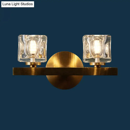 Brass crystal block cylindrical light wall sconce with dual glass cube bulbs Decorbites on Tampa Home & Garden Store