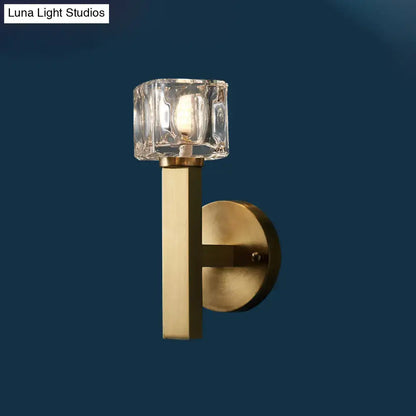 Brass crystal block cylindrical wall light sconce with glass block top on Tampa Home & Garden Store