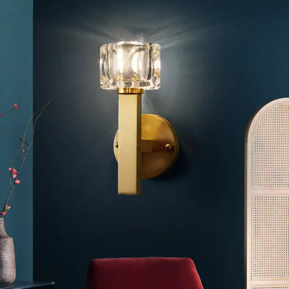 Brass crystal block cylindrical light wall sconce with clear glass shade and brass mount on Tampa Home & Garden Store