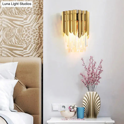 Brass prism wall sconce dual-light with hanging prisms by Decorbites for bedroom on Tampa Home & Garden Store