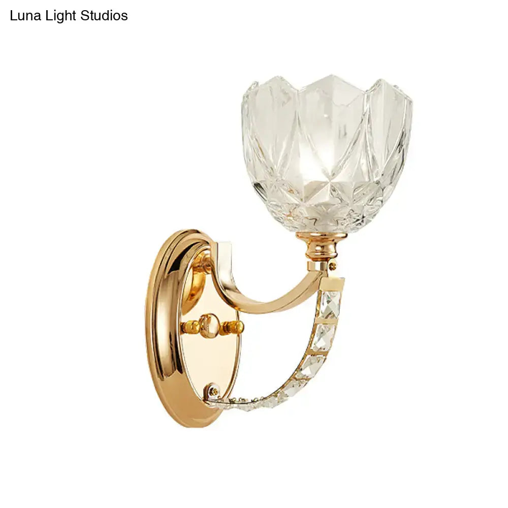 Brass faceted glass sconce with curved arm and crystal shade Decorbites on Tampa Home & Garden Store