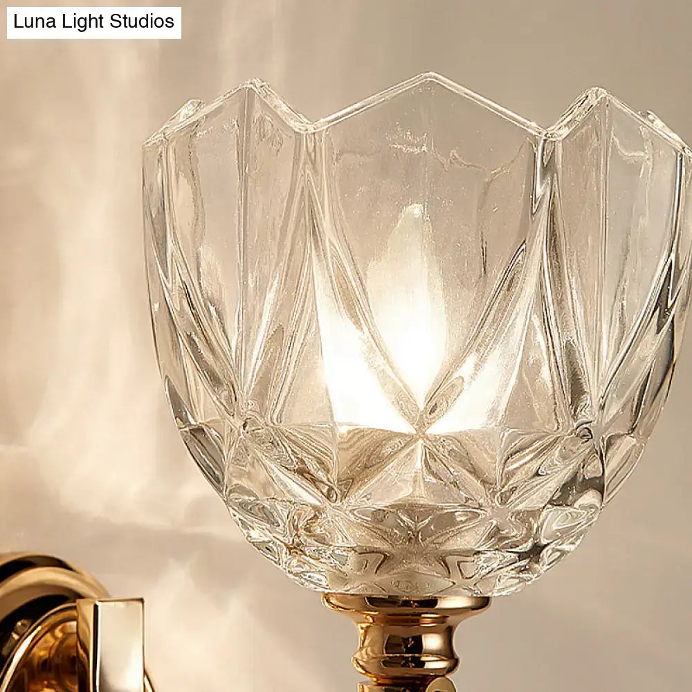 Brass faceted glass sconce by Decorbites with clear crystal shade and gold finish on Tampa Home & Garden Store