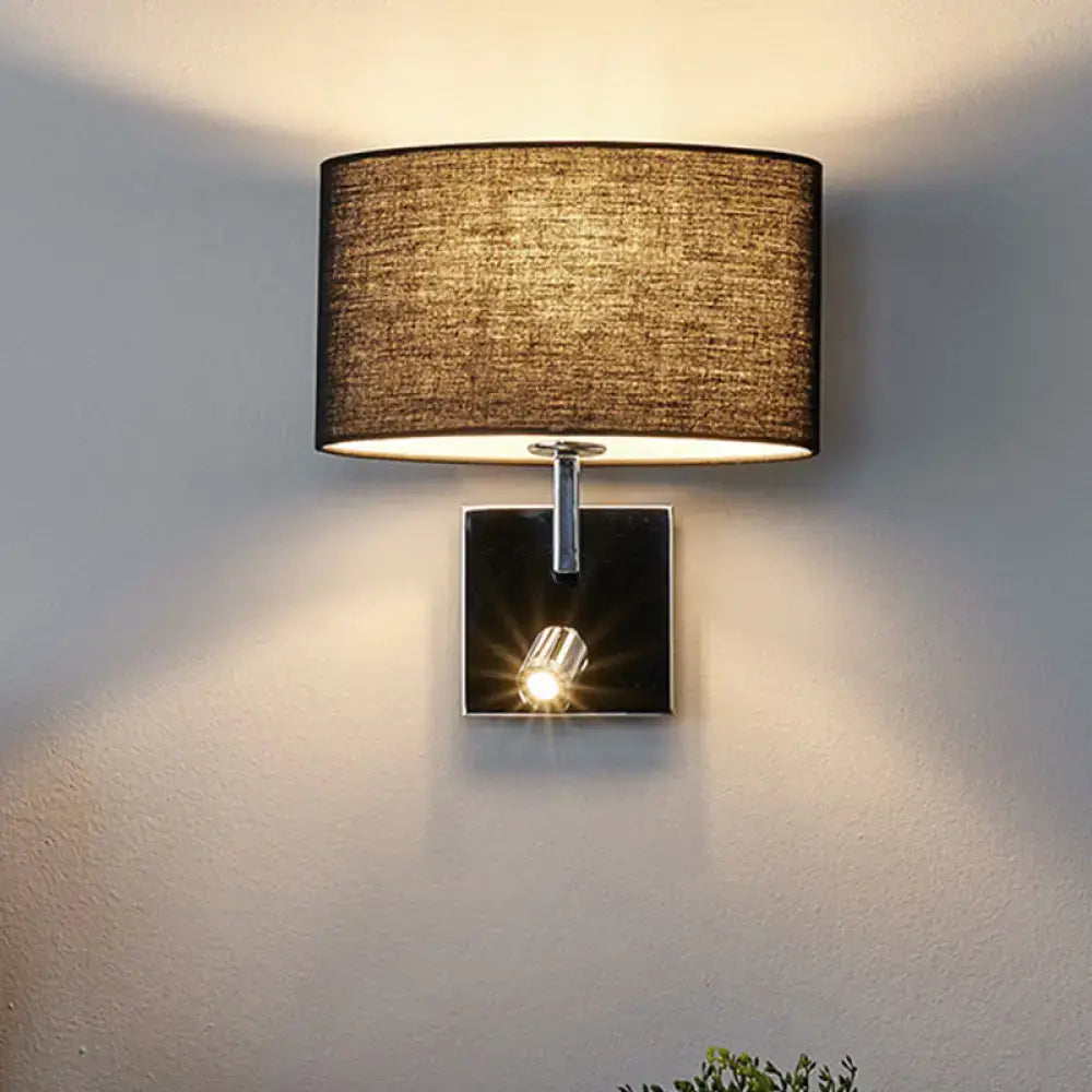 Brown Fabric Chrome-Accent Wall Sconce with chrome square backplate and fabric shade on Tampa Home & Garden Store