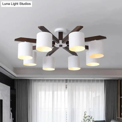 White Brown Ceiling Chandelier, 8-light with white drum shades on brown wooden arms Decorbites on Tampa Home & Garden Store