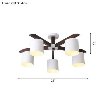 White brown ceiling chandelier by Decorbites with five white shades on dark wood arms, 25 wide on Tampa Home & Garden Store