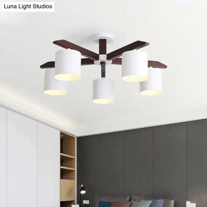 White Brown Ceiling Chandelier Decorbites 5-light with white shades and dark wood arms on Tampa Home & Garden Store