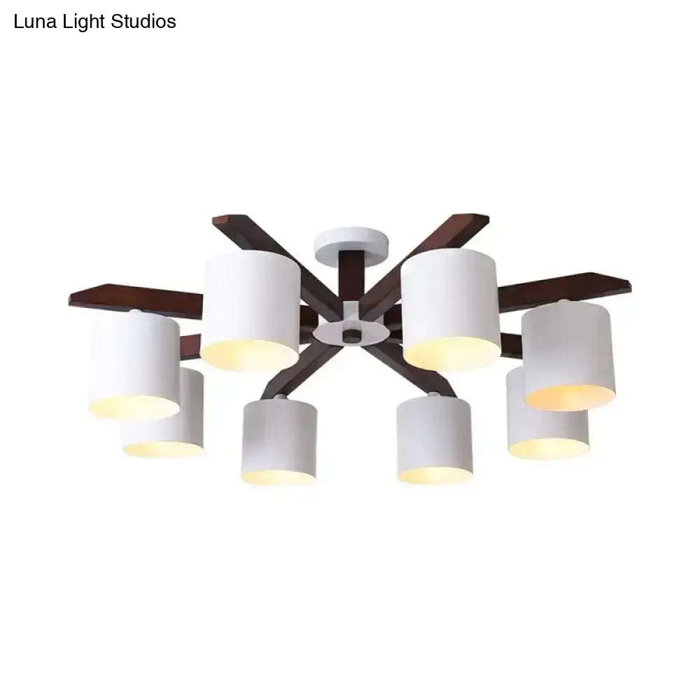 White Brown Ceiling Chandelier by Decorbites with dark wood arms and white cylindrical shades on Tampa Home & Garden Store