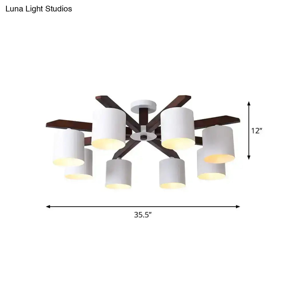 Ceiling chandelier Decorbites white cylindrical shades on dark brown arms, eight-light fixture on Tampa Home & Garden Store