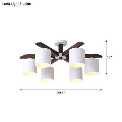 White Brown Ceiling Chandelier by Decorbites with six drum shades on brown arms on Tampa Home & Garden Store