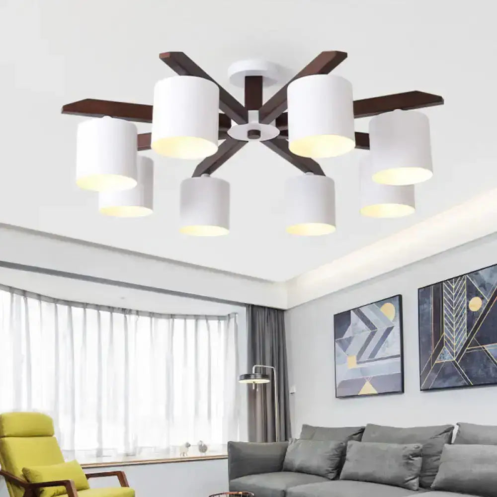Decorbites White Brown Ceiling Chandelier with white cylindrical shades and dark brown arms on Tampa Home & Garden Store