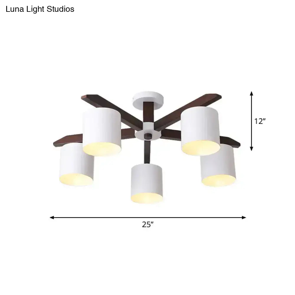 Ceiling chandelier with white cylindrical shades and brown arms, five-light, 25in wide on Tampa Home & Garden Store