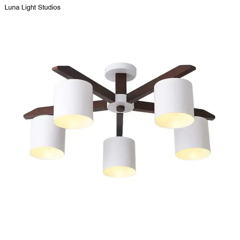 White Brown Ceiling Chandelier Decorbites with white cylindrical shades and dark brown arms on Tampa Home & Garden Store