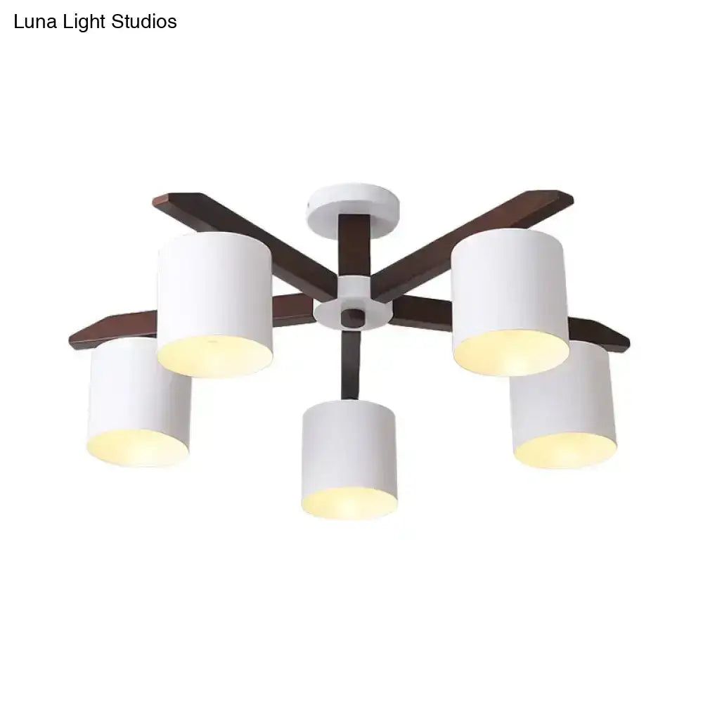 White Brown Ceiling Chandelier with five white cylindrical shades and dark wood arms on Tampa Home & Garden Store