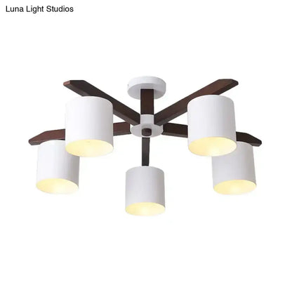 White Brown Ceiling Chandelier with five white cylindrical shades and dark wood arms on Tampa Home & Garden Store