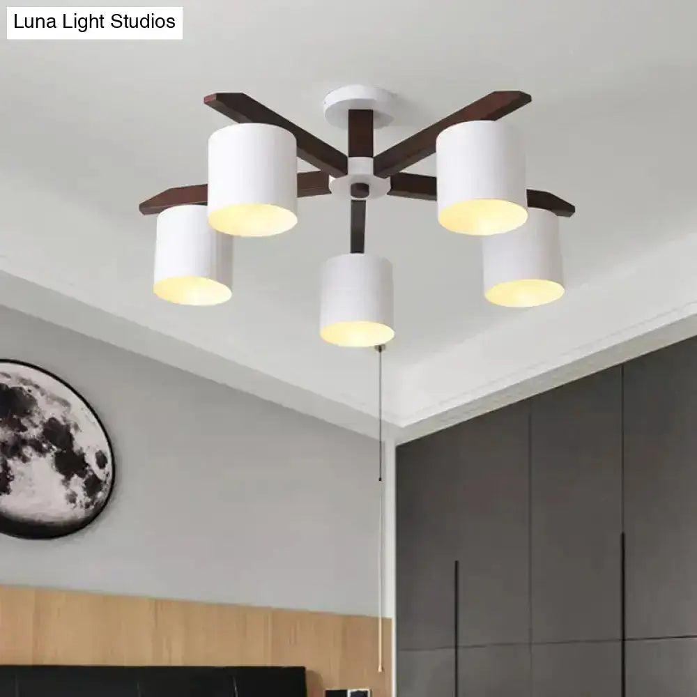 White brown ceiling chandelier with five white cylindrical shades, dark wood arms on Tampa Home & Garden Store