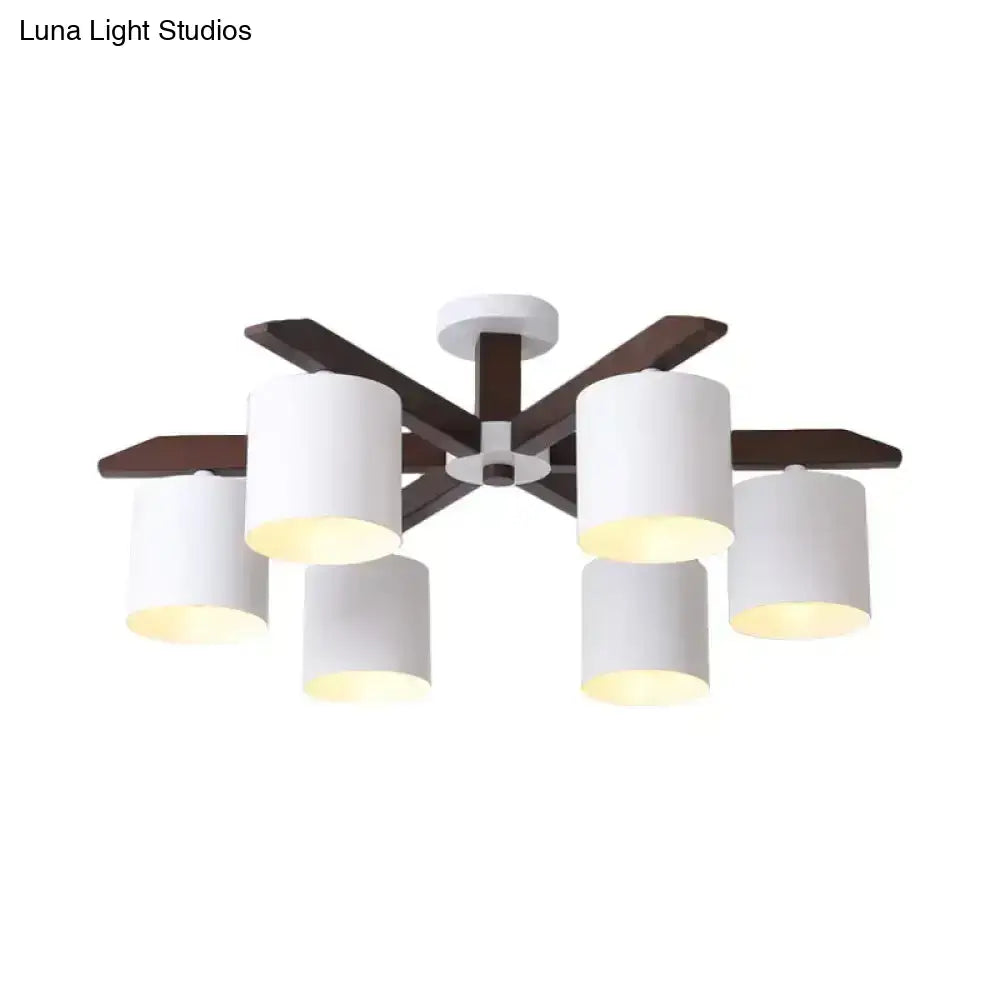 White Brown Ceiling Chandelier with six white drum shades and brown arms by Decorbites on Tampa Home & Garden Store
