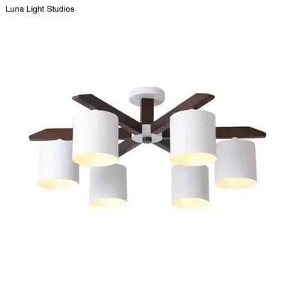 White Brown Ceiling Chandelier with six white drum shades and brown arms by Decorbites on Tampa Home & Garden Store