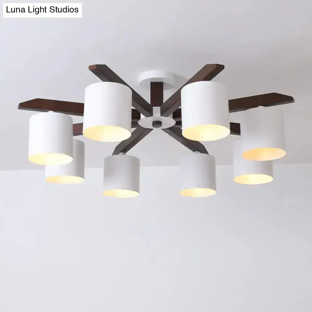 White Brown Ceiling Chandelier with six white drum shades on dark brown arms on Tampa Home & Garden Store