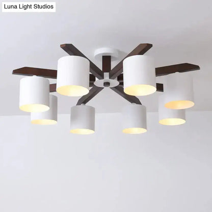 White Brown Ceiling Chandelier with six white drum shades on dark brown arms on Tampa Home & Garden Store