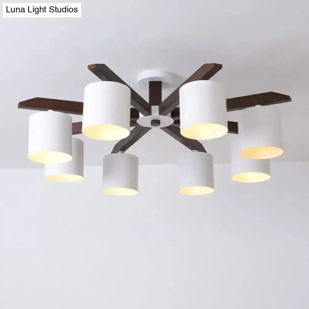 Decorbites white brown ceiling chandelier with dark brown metal arms and cylindrical white shades on Tampa Home & Garden Store