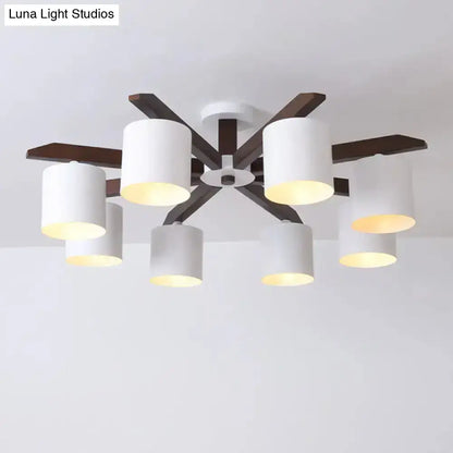 Decorbites white brown ceiling chandelier with dark brown metal arms and cylindrical white shades on Tampa Home & Garden Store