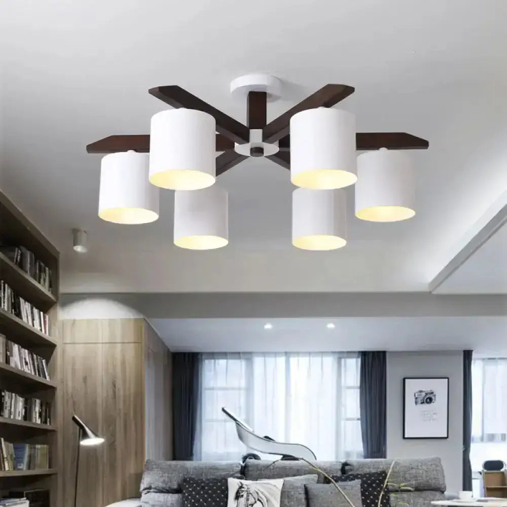 White Brown Ceiling Chandelier by Decorbites with six white drum shades and dark wood arms on Tampa Home & Garden Store