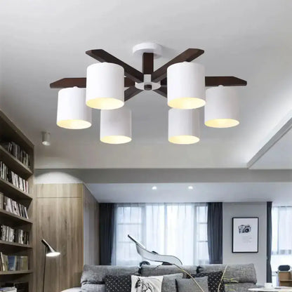White Brown Ceiling Chandelier by Decorbites with six white drum shades and dark wood arms on Tampa Home & Garden Store