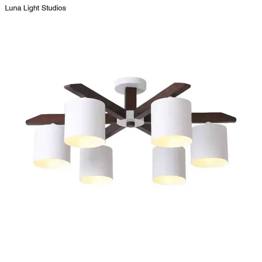 White Brown Ceiling Chandelier with six white drum shades and dark wood arms by Decorbites on Tampa Home & Garden Store